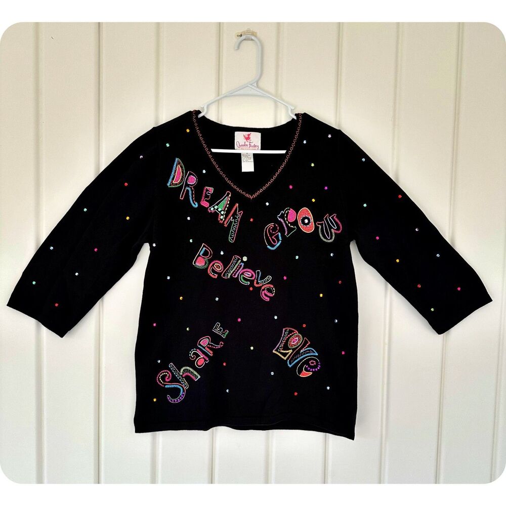 Quacker Factory Womens Black Pullover Top Embroidered Beaded Colorful Artsy Sz M
